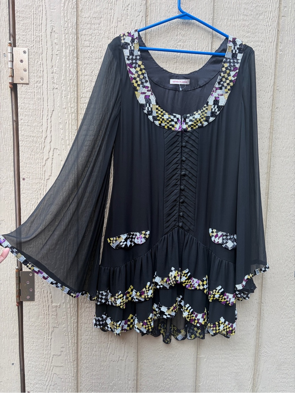 Matthew Williamson Ruffle Tunic with Multicolor Beaded Trim - 100% silk